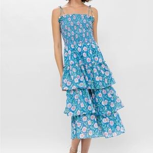 Oliphant Smocked Tie Strap Midi Dress M Almafi Blue Cotton Voile Boho Chic New